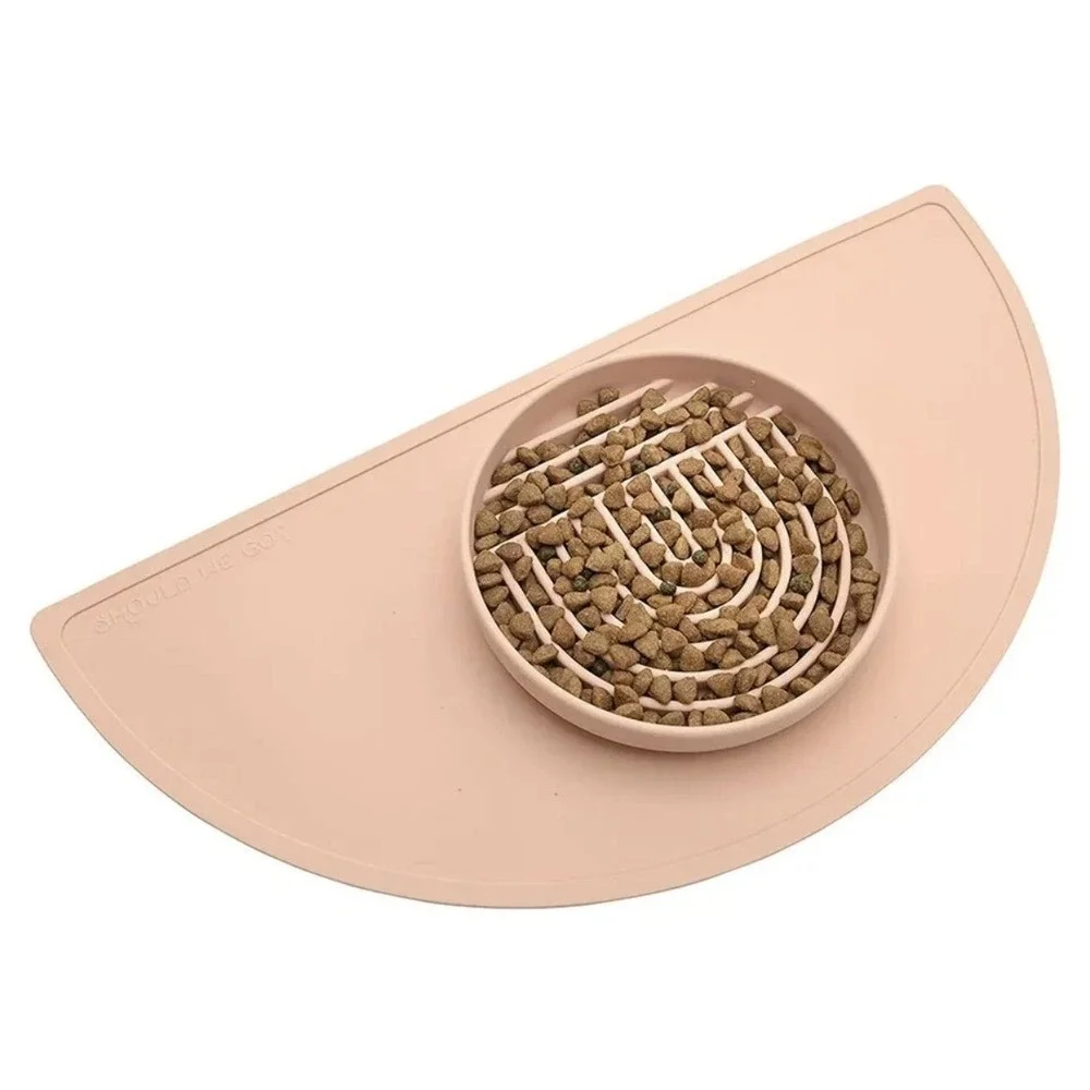Should We Go? Slow Feeder Pet Bowl & Placemat‎ Set Tan/Peach Silicone NEW
